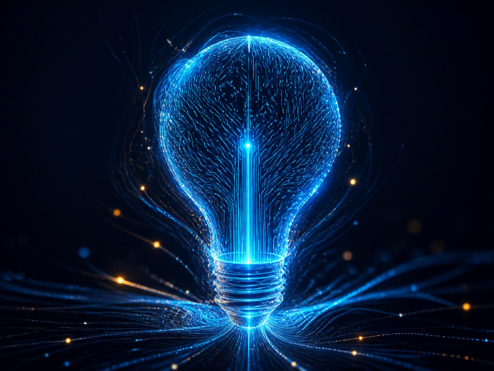 Glowing blue filament lightbulb formed from circuit traces and data lines